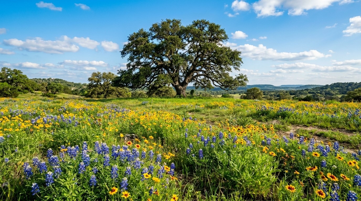 A broad Texas Hill Country live oak above a spring meadow of bluebonnets and wildflowers